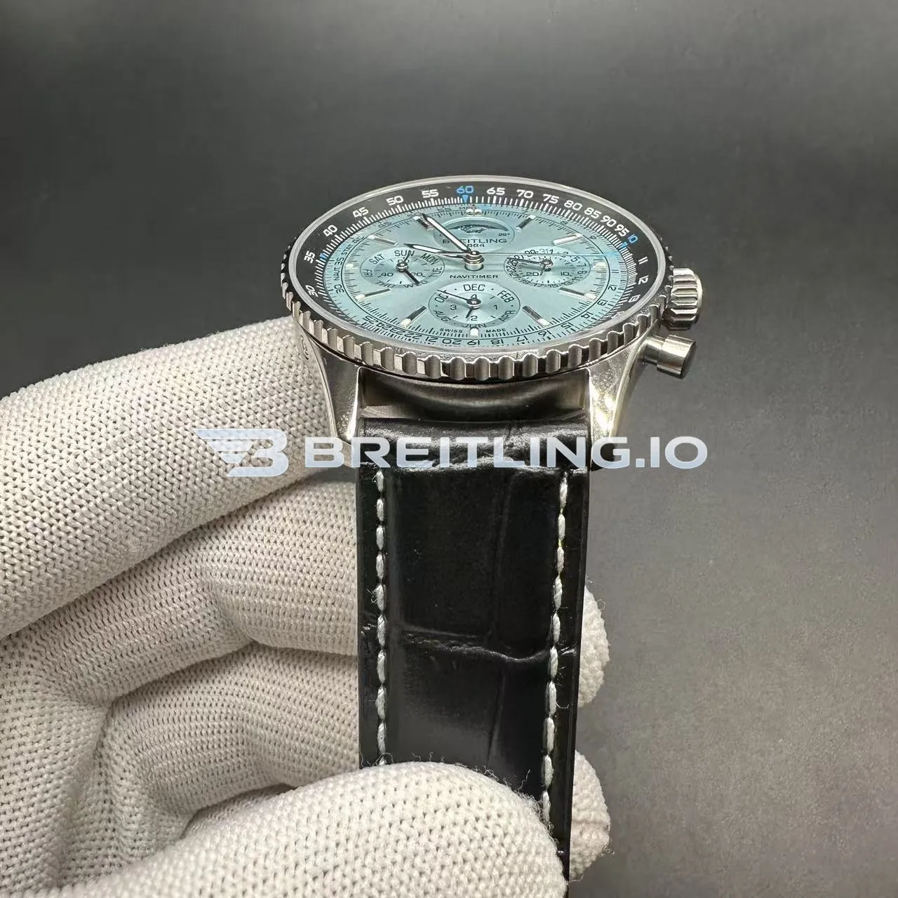 Breitling Navitimer PB1920251C1P1 43mm Ice Blue Sunburst Dial Stainless Steel Case Black Leather Strap Chronograph Replica Strap