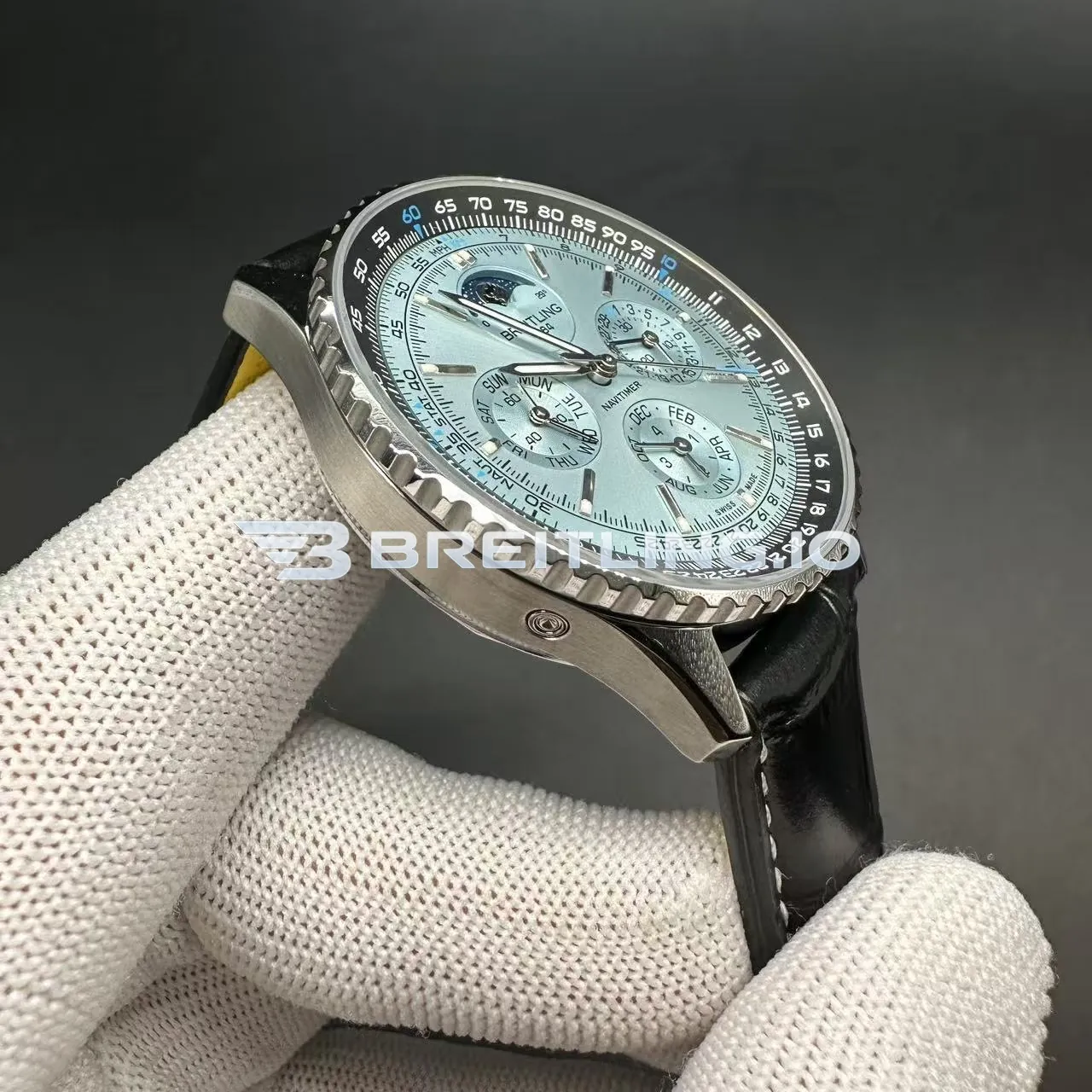 Breitling Navitimer PB1920251C1P1 43mm Ice Blue Sunburst Dial Stainless Steel Case Black Leather Strap Chronograph Replica Dial Detail 1