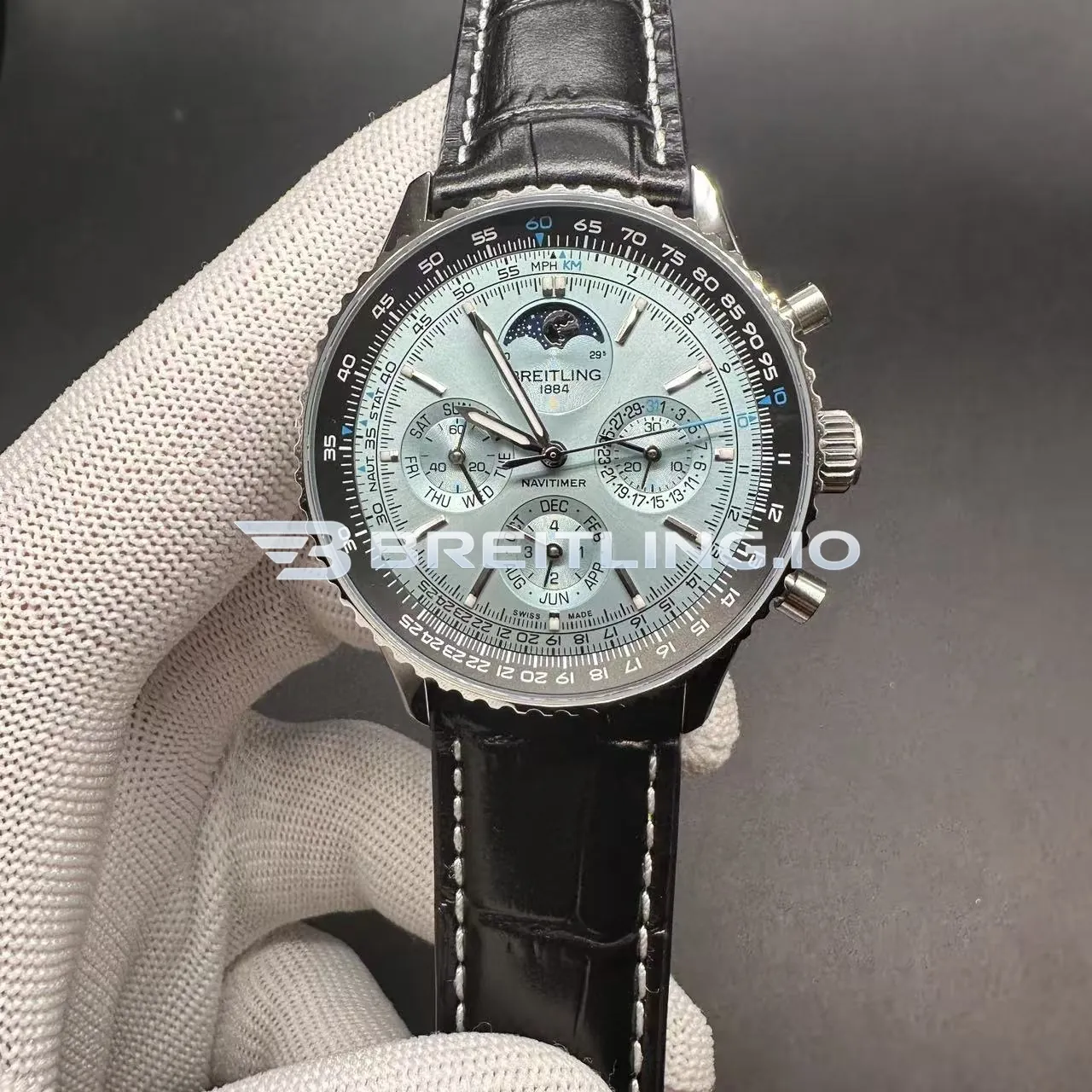 Breitling Navitimer PB1920251C1P1 43mm Ice Blue Sunburst Dial Stainless Steel Case Black Leather Strap Chronograph Replica Front View