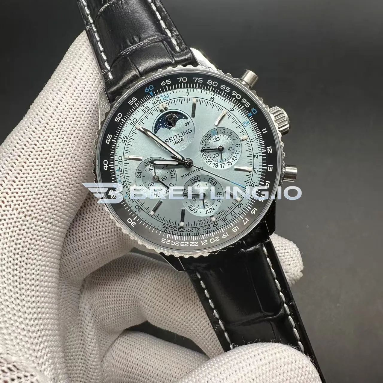 Breitling Navitimer PB1920251C1P1 43mm Ice Blue Sunburst Dial Stainless Steel Case Black Leather Strap Chronograph Replica Side View 1