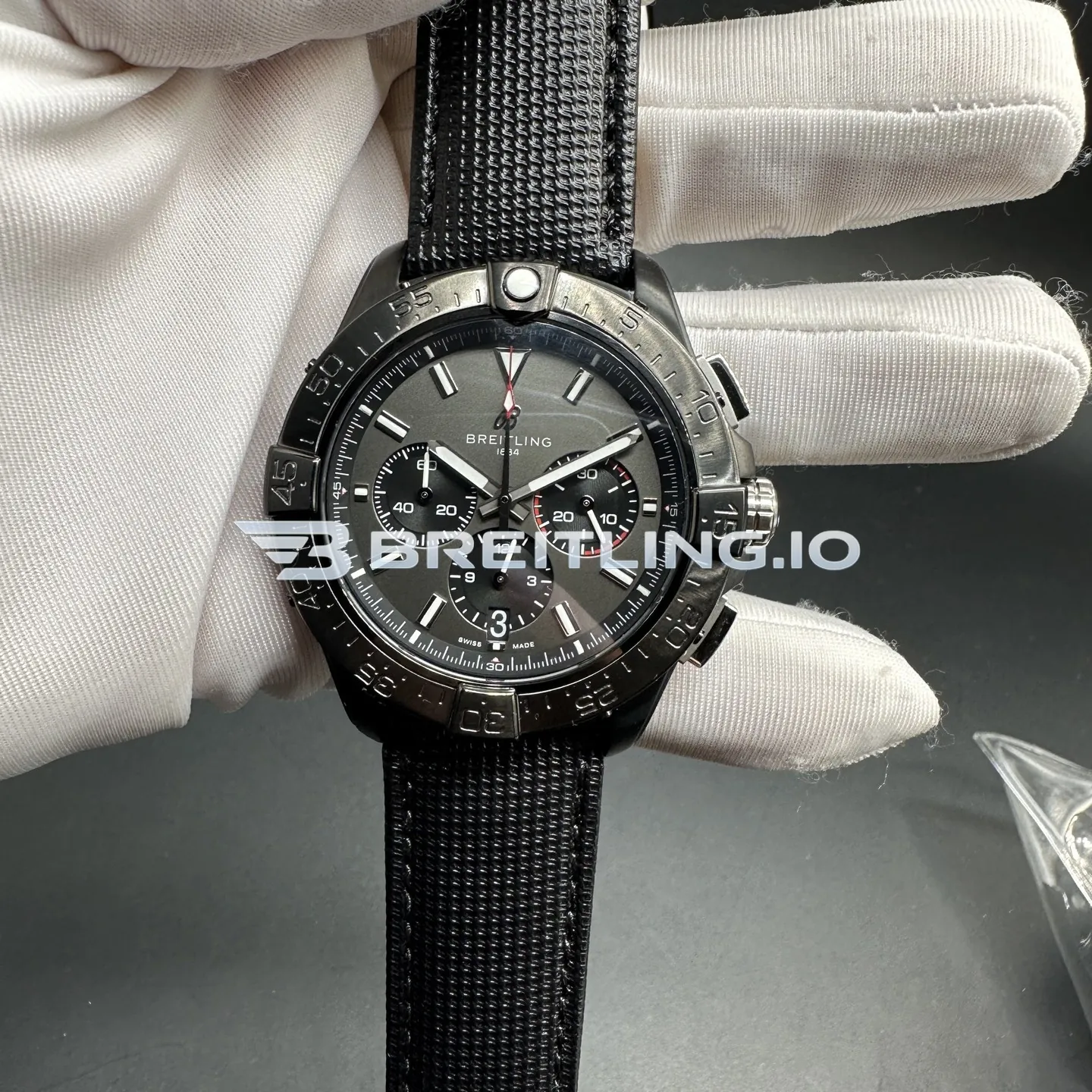 Breitling Avenger EB0148101B1X1 46mm Dark Grey/Black Dial Titanium Case Black Woven Rubber Strap Chronograph Replica Front View