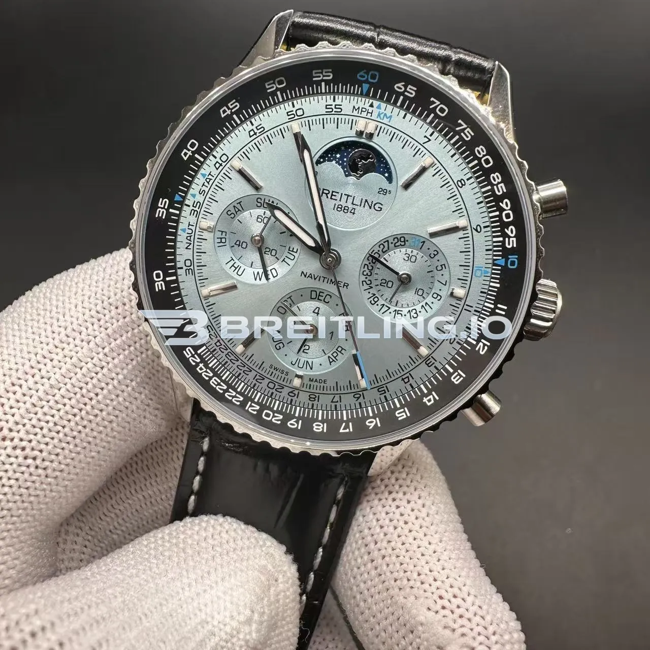 Breitling Navitimer PB1920251C1P1 43mm Ice Blue Sunburst Dial Stainless Steel Case Black Leather Strap Chronograph Replica Side View 2
