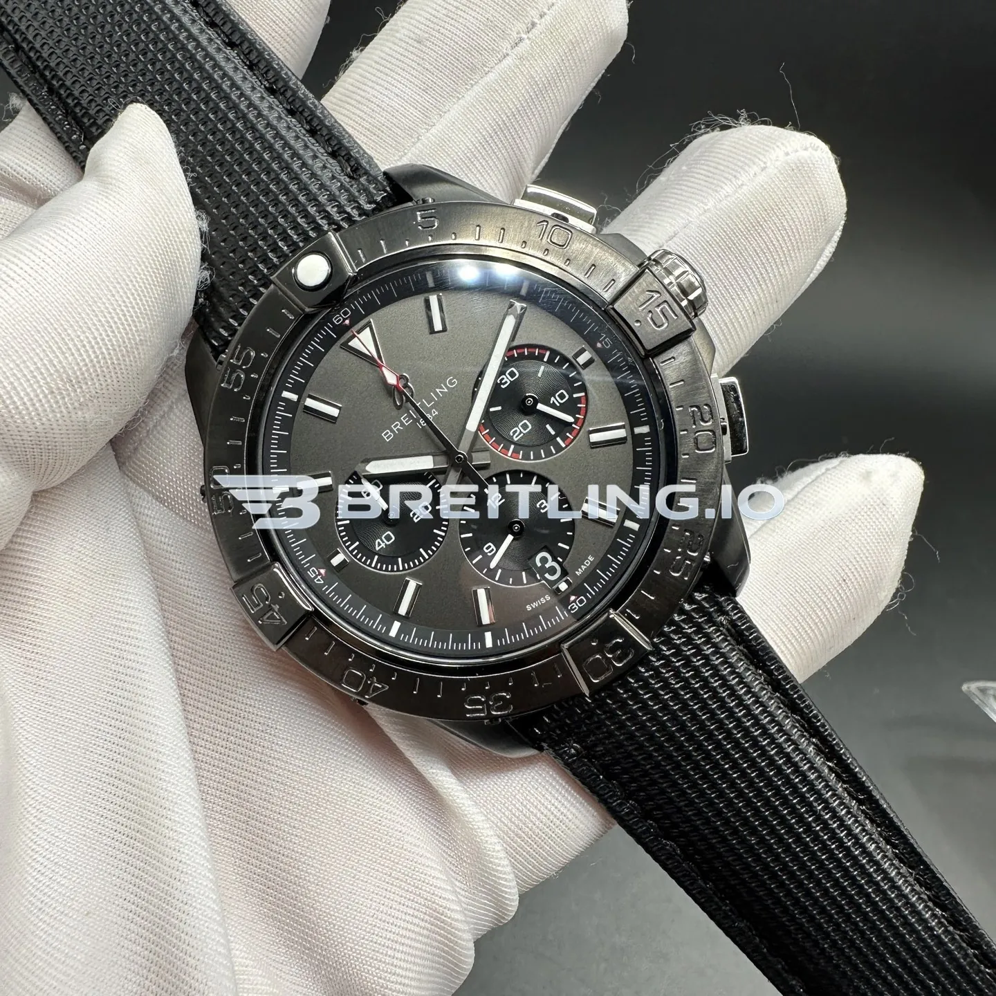 Breitling Avenger EB0148101B1X1 46mm Dark Grey/Black Dial Titanium Case Black Woven Rubber Strap Chronograph Replica Side View 1