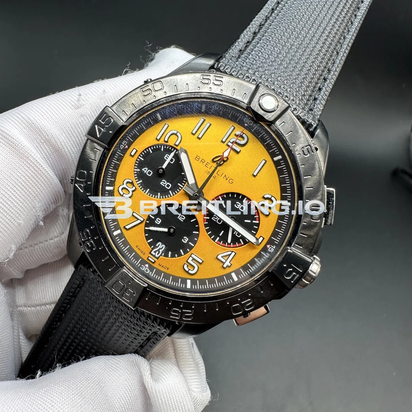 Breitling Avenger SB0147101I1X2 44mm Yellow Dial Matte Black Ceramic Bezel Black Woven Rubber Strap Chronograph Replica Side View 2