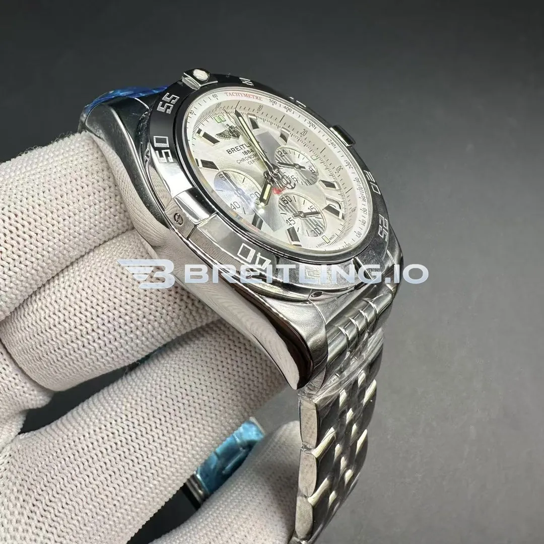 Breitling Chronomat AB011012/G684 44mm Silver Brushed Dial Slide Rule Bezel Stainless Steel Bracelet Chronograph Super Clone Dial Detail 1