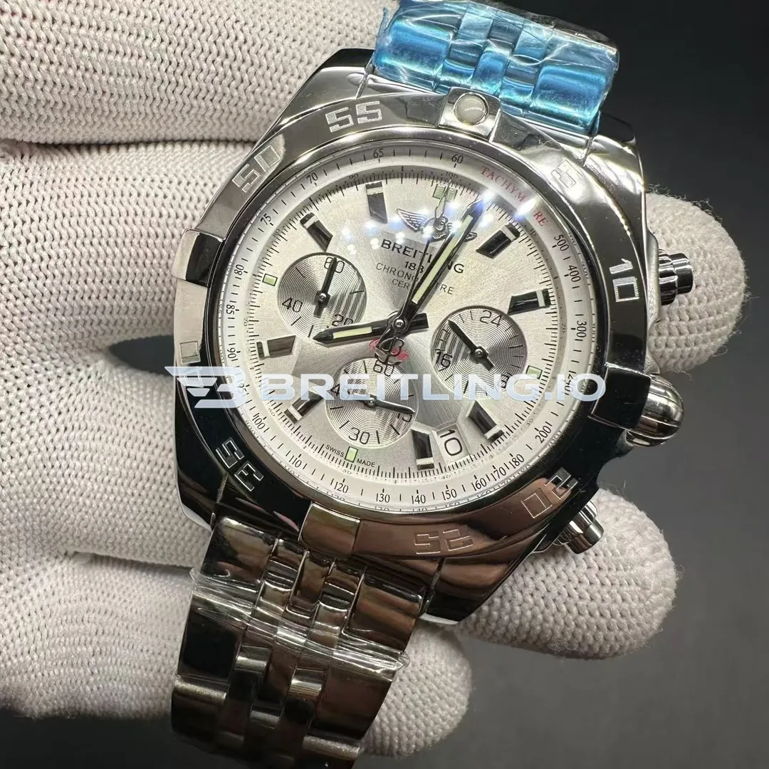 Breitling Chronomat AB011012/G684 44mm Silver Brushed Dial Slide Rule Bezel Stainless Steel Bracelet Chronograph Super Clone Side View 2