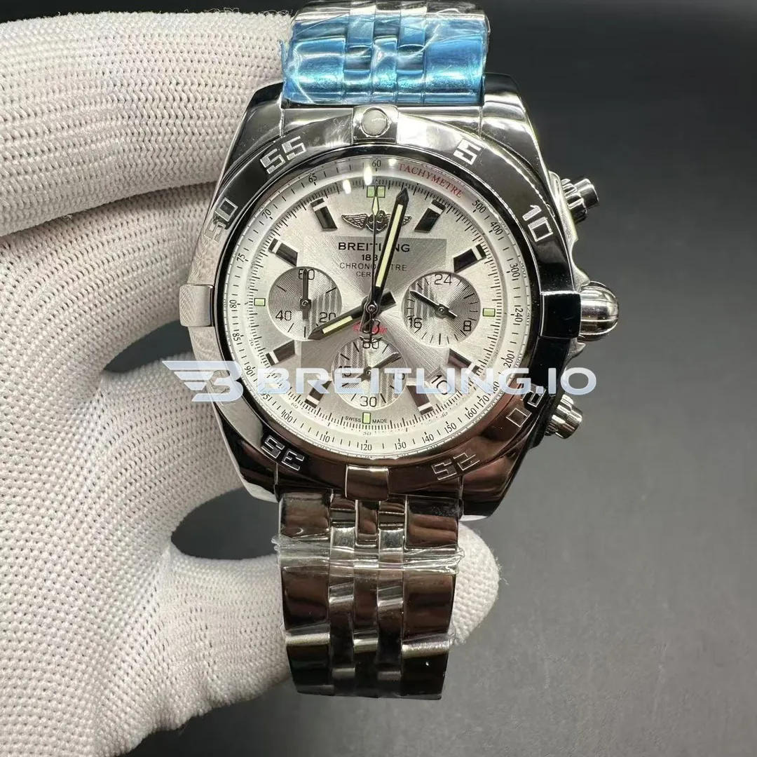 Breitling Chronomat AB011012/G684 44mm Silver Brushed Dial Slide Rule Bezel Stainless Steel Bracelet Chronograph Super Clone Front View