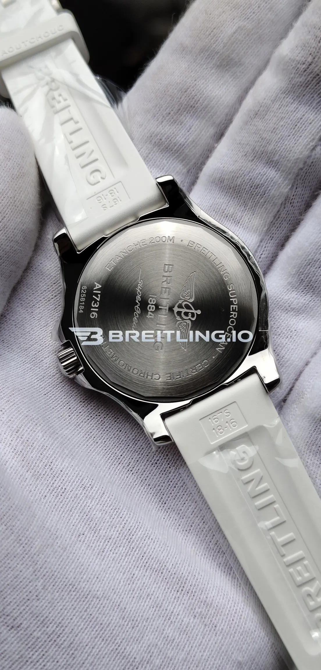 Breitling Superocean A17316D21A1S1 36mm White Dial Polished Stainless Steel Case White Rubber Strap Super Clone Back View
