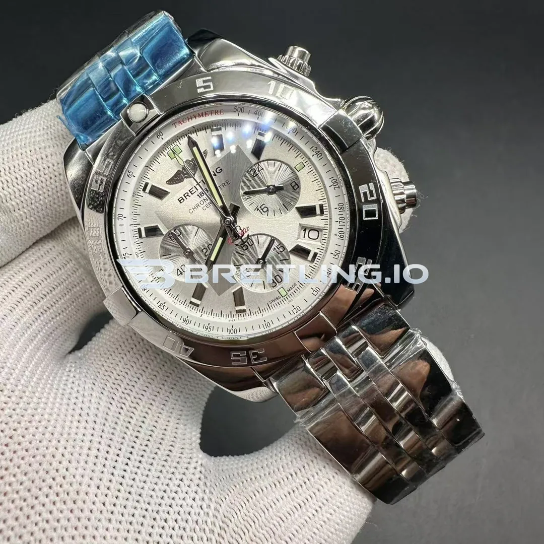 Breitling Chronomat AB011012/G684 44mm Silver Brushed Dial Slide Rule Bezel Stainless Steel Bracelet Chronograph Super Clone Side View 1