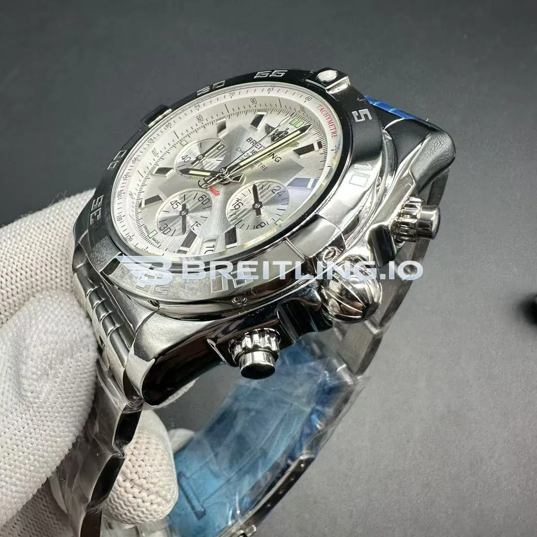 Breitling Chronomat AB011012/G684 44mm Silver Brushed Dial Slide Rule Bezel Stainless Steel Bracelet Chronograph Super Clone Dial Detail 2