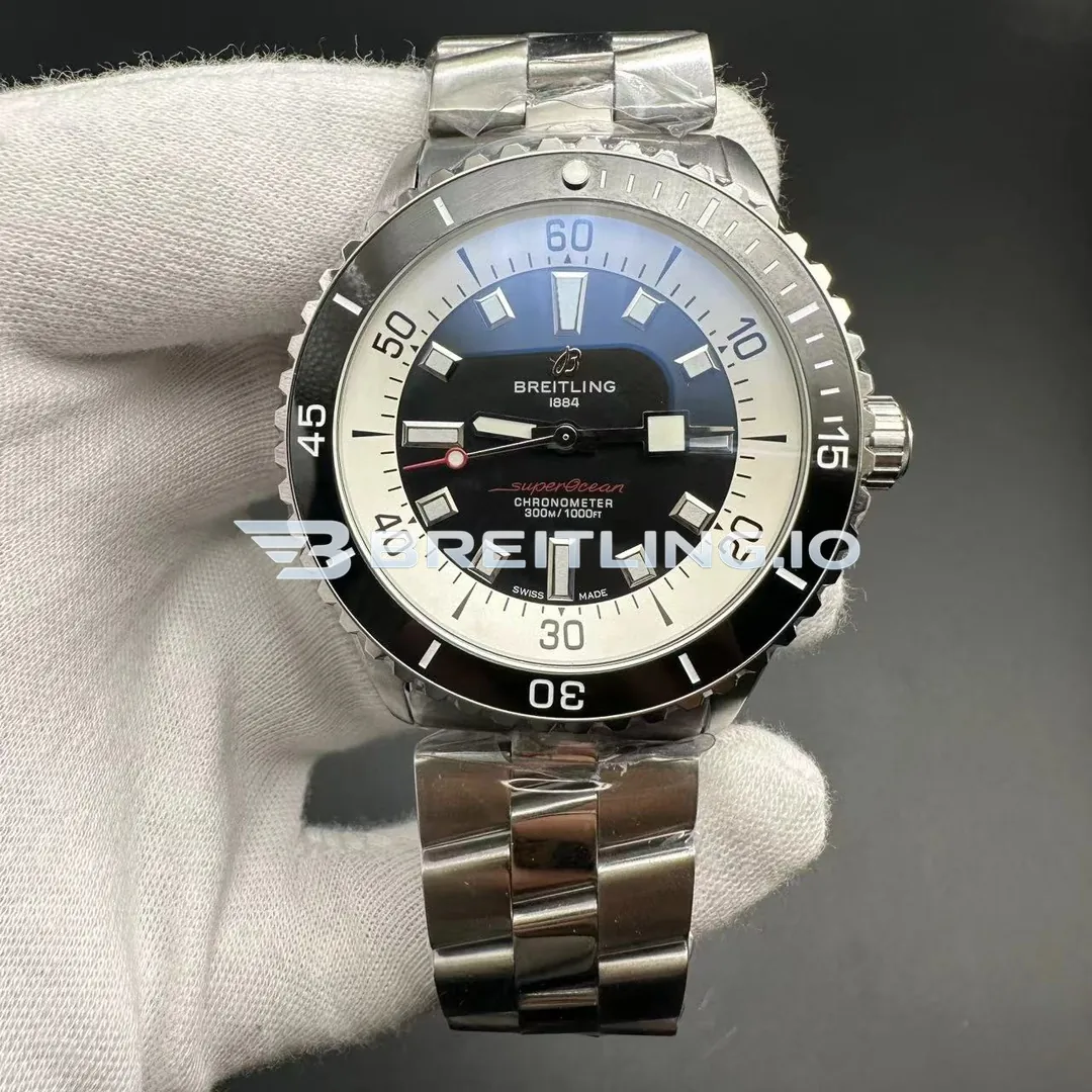 Breitling Superocean A17376211B1A1 44mm Black Dial Black High Gloss Ceramic Bezel Polished Stainless Steel Bracelet Super Clone Front View