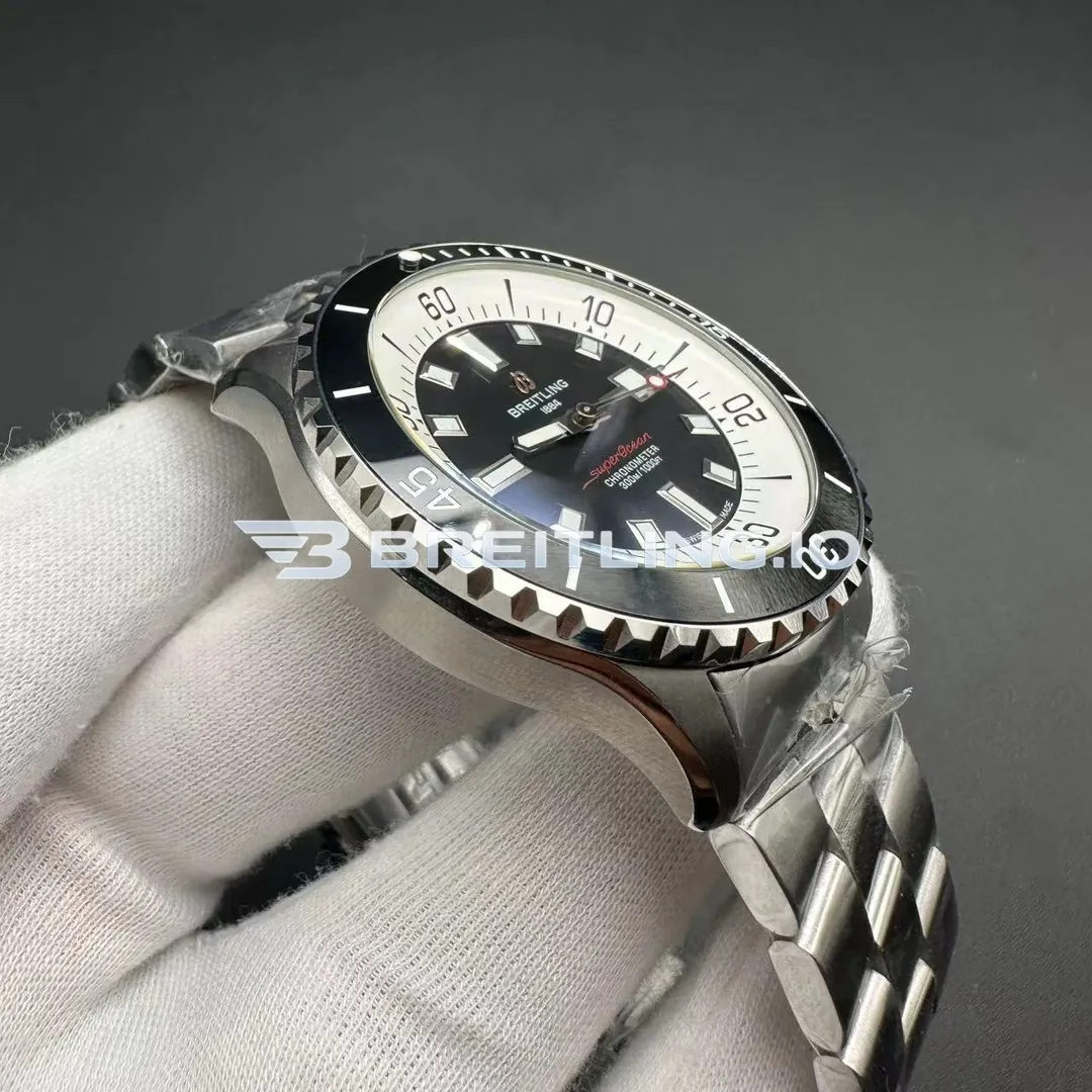Breitling Superocean A17376211B1A1 44mm Black Dial Black High Gloss Ceramic Bezel Polished Stainless Steel Bracelet Super Clone Dial Detail 1