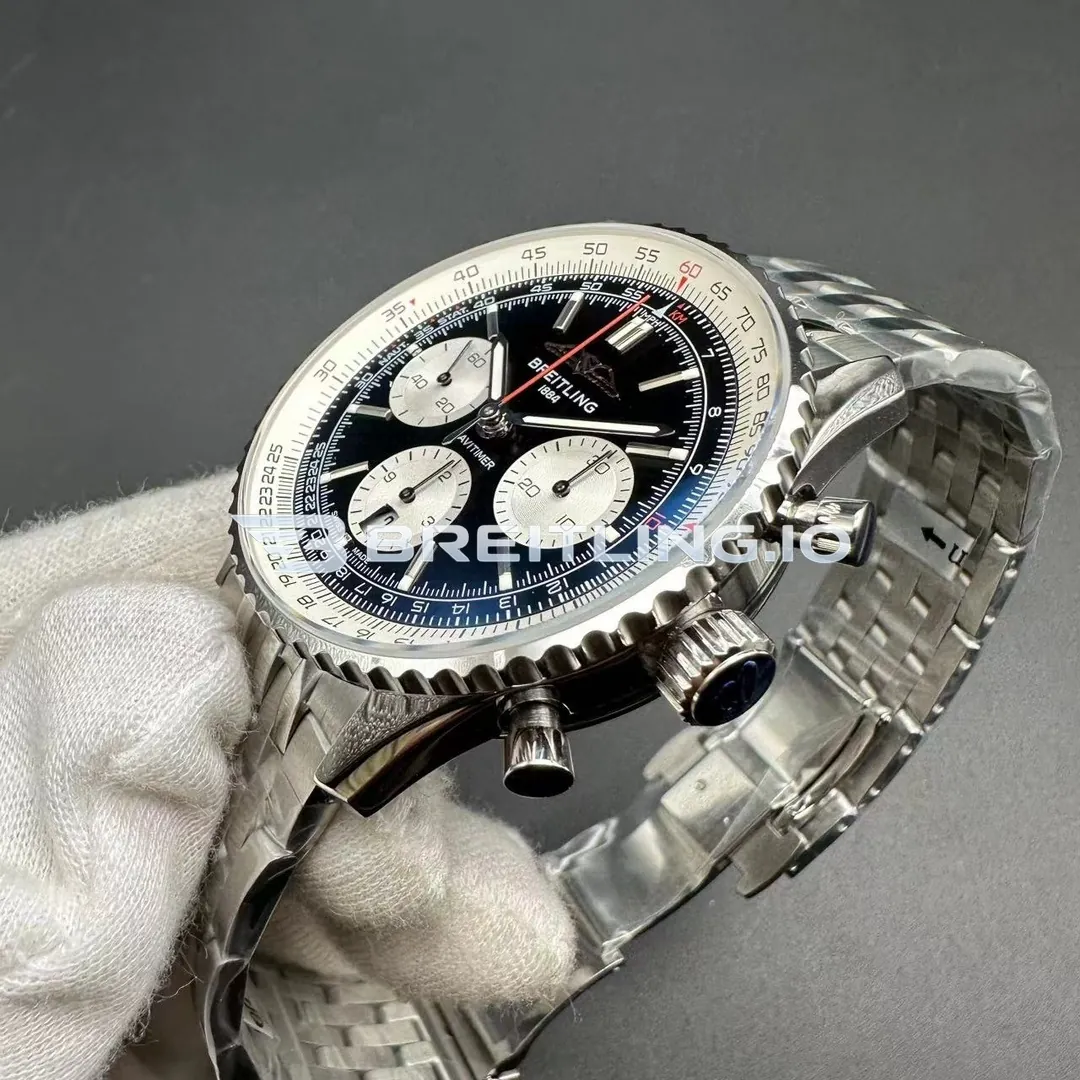 Breitling Navitimer B01 Chronograph 43 AB0139211B1A1 Black Panda Dial Slide Rule Bezel Stainless Steel Pilot Bracelet Super Clone Dial Detail 2