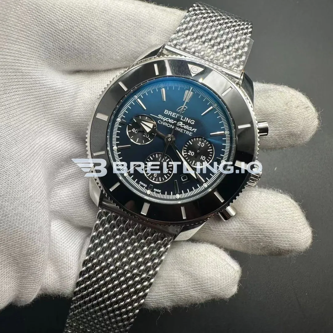 Breitling Superocean Heritage AB0162121C1A1 44mm Gradient Blue Dial Gloss Black Ceramic Bezel Milanese Mesh Bracelet Super Clone Side View 2