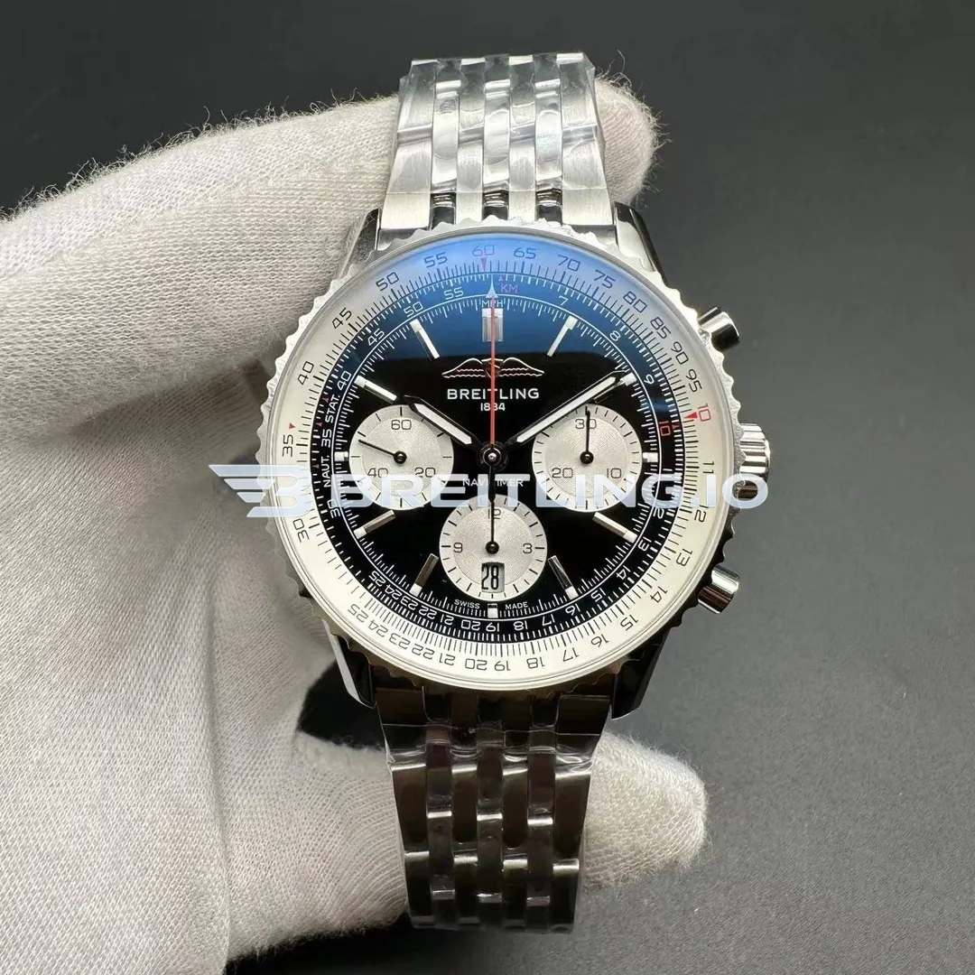 Breitling Navitimer B01 Chronograph 43 AB0139211B1A1 Black Panda Dial Slide Rule Bezel Stainless Steel Pilot Bracelet Super Clone Front View