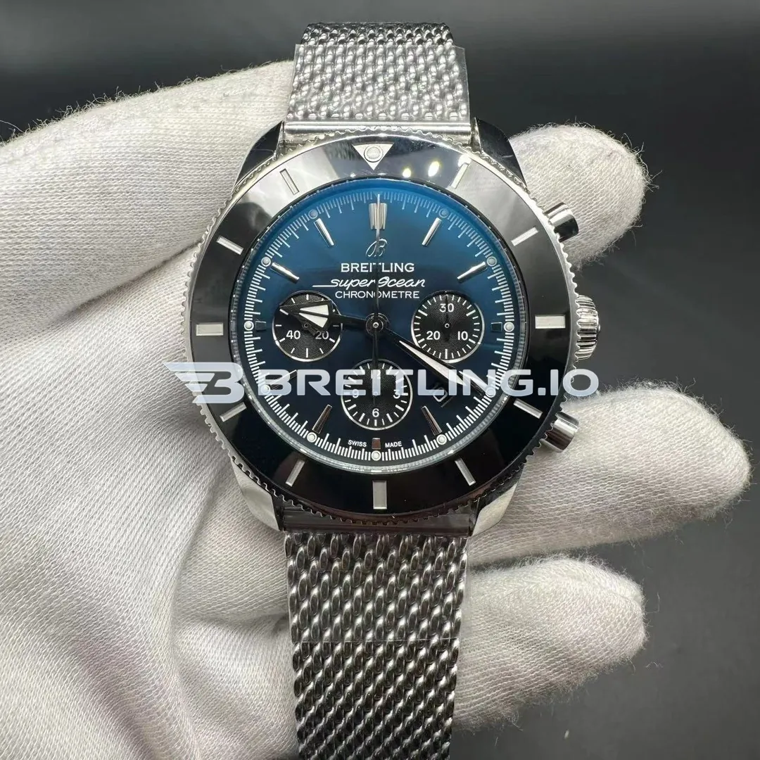 Breitling Superocean Heritage AB0162121C1A1 44mm Gradient Blue Dial Gloss Black Ceramic Bezel Milanese Mesh Bracelet Super Clone Front View
