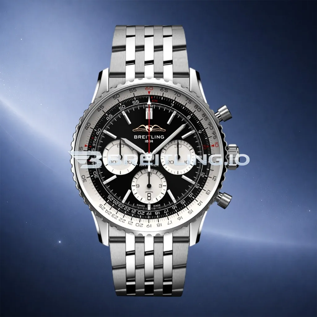 Breitling Navitimer B01 Chronograph 43 AB0139211B1A1 Black Panda Dial Slide Rule Bezel Stainless Steel Pilot Bracelet Super Clone First Image