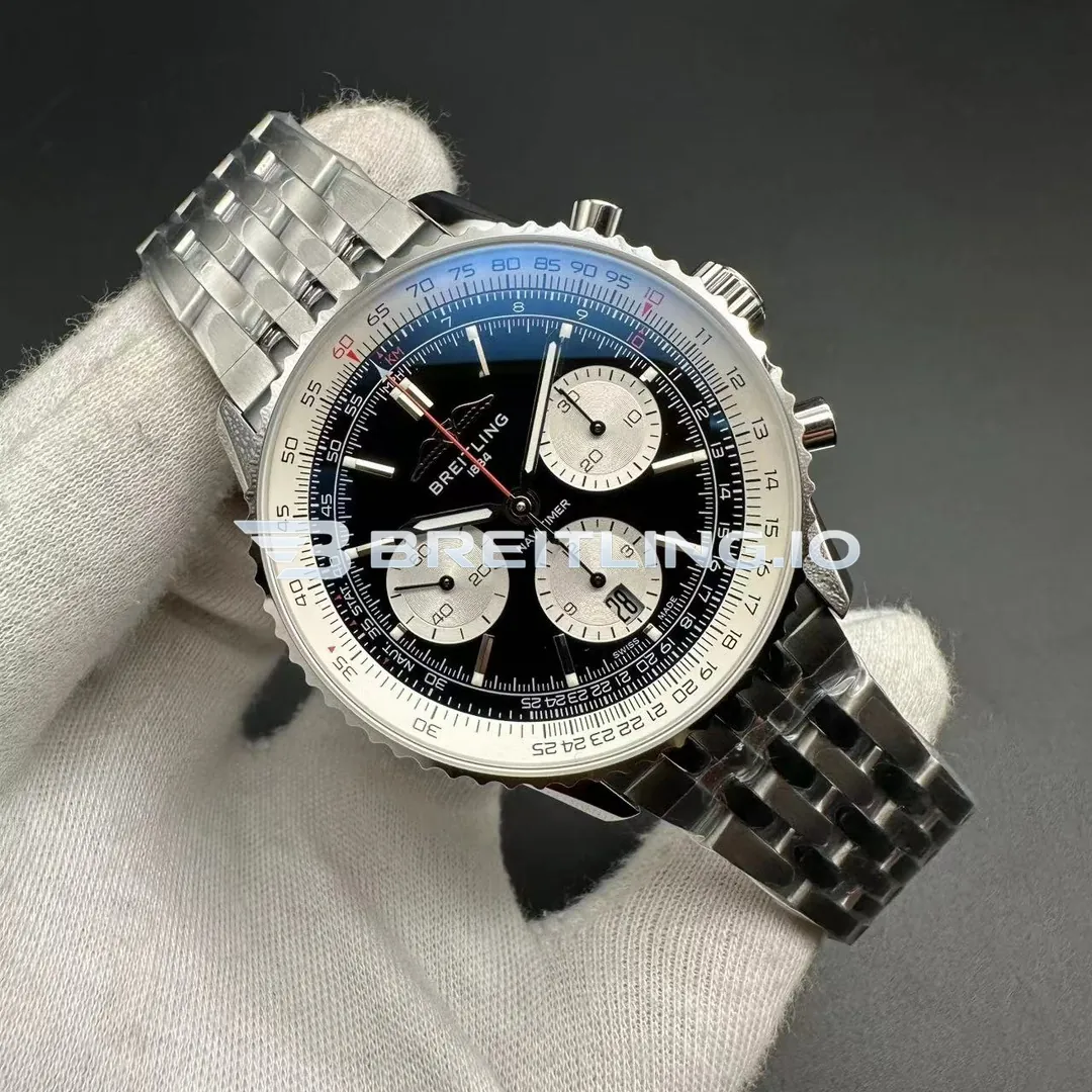 Breitling Navitimer B01 Chronograph 43 AB0139211B1A1 Black Panda Dial Slide Rule Bezel Stainless Steel Pilot Bracelet Super Clone Side View 1