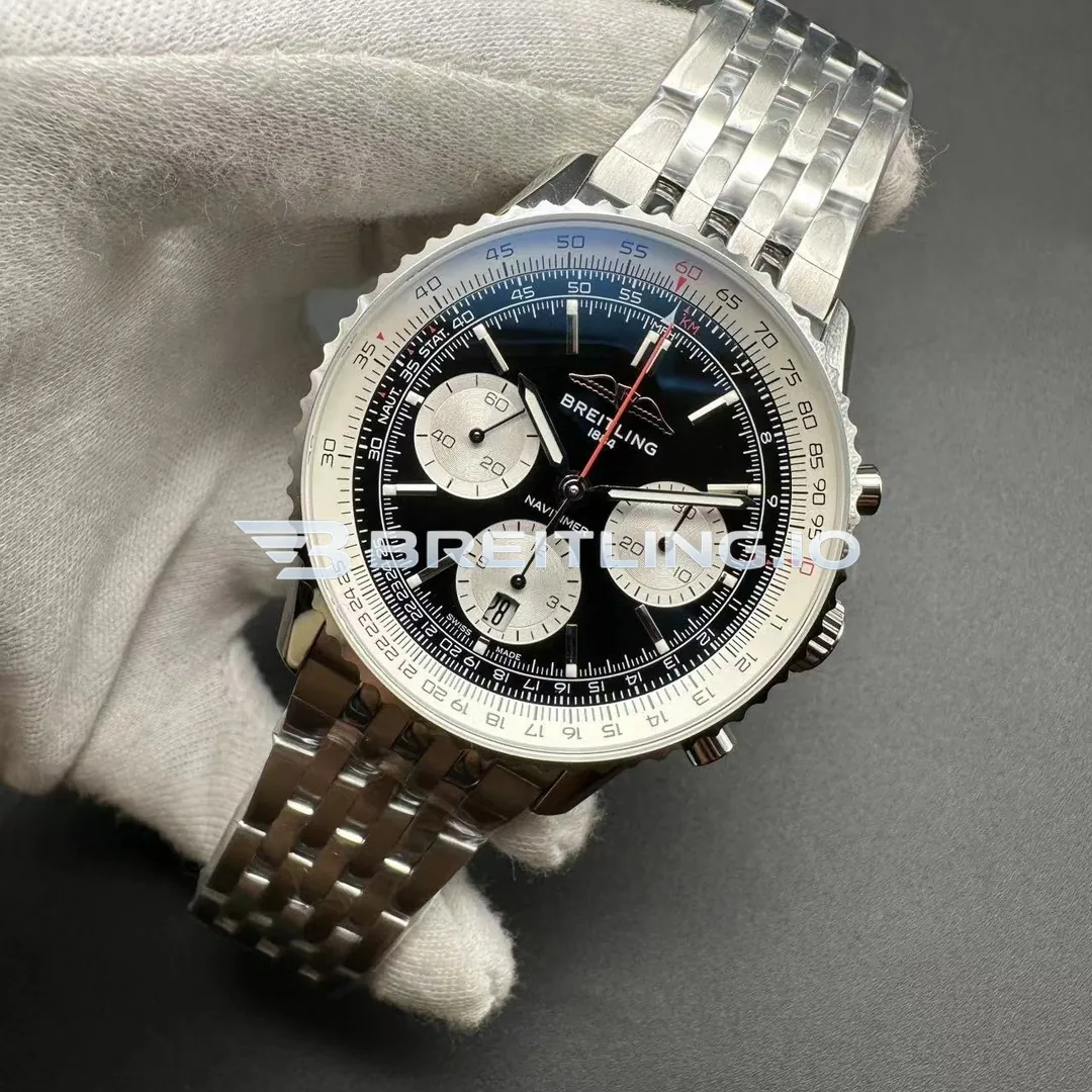 Breitling Navitimer B01 Chronograph 43 AB0139211B1A1 Black Panda Dial Slide Rule Bezel Stainless Steel Pilot Bracelet Super Clone Side View 2