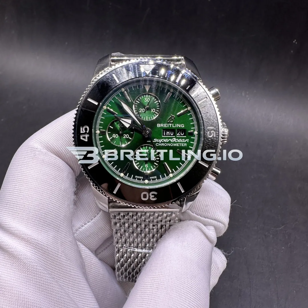 Breitling Superocean Heritage A13313121L1A1 44mm Green Dial Black Ceramic Bezel Stainless Steel Milanese Bracelet Super Clone Front View