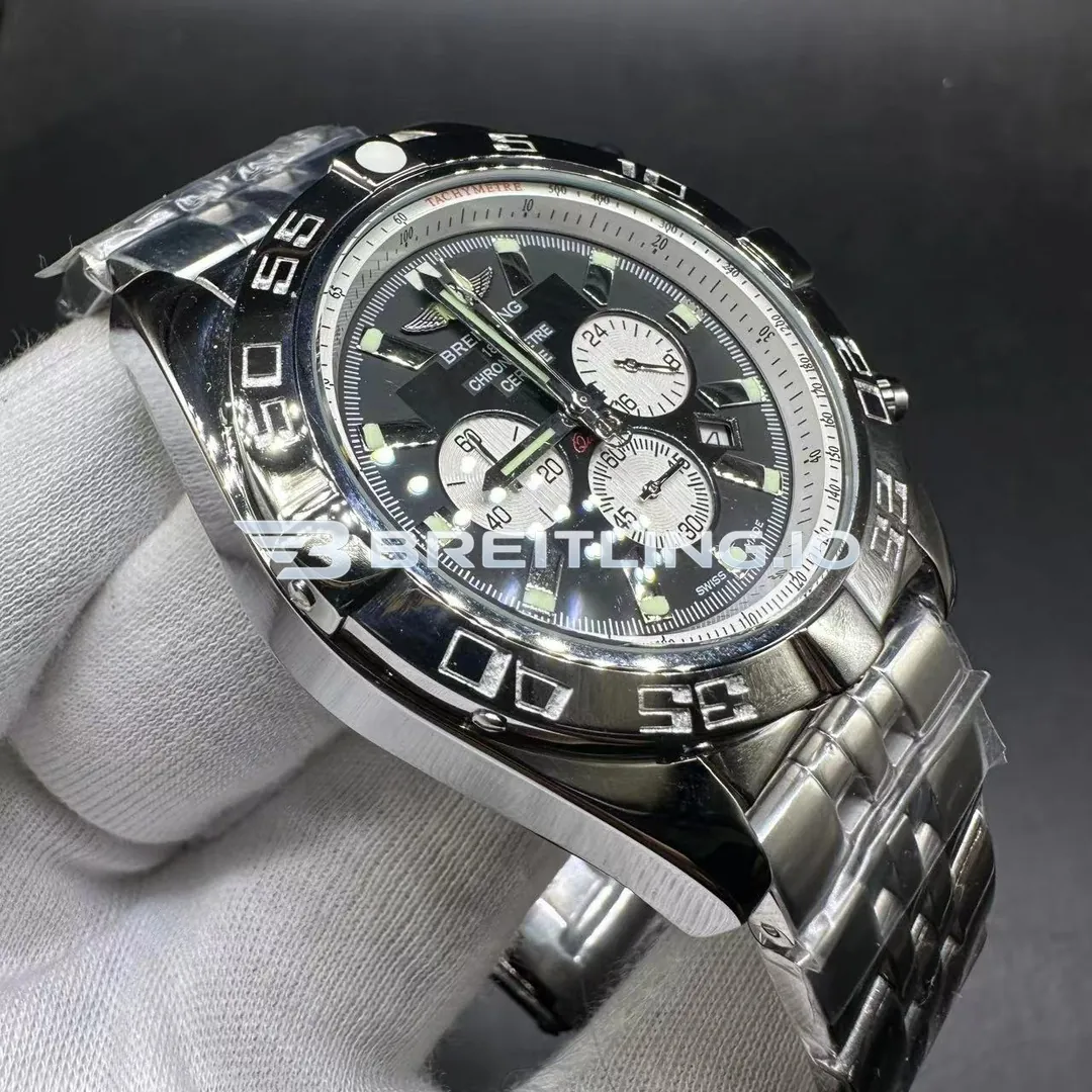 Breitling Chronomat AB011012B967 44mm Black Dial Polished Stainless Steel Bezel Steel Bracelet Chronograph Super Clone Dial Detail 1