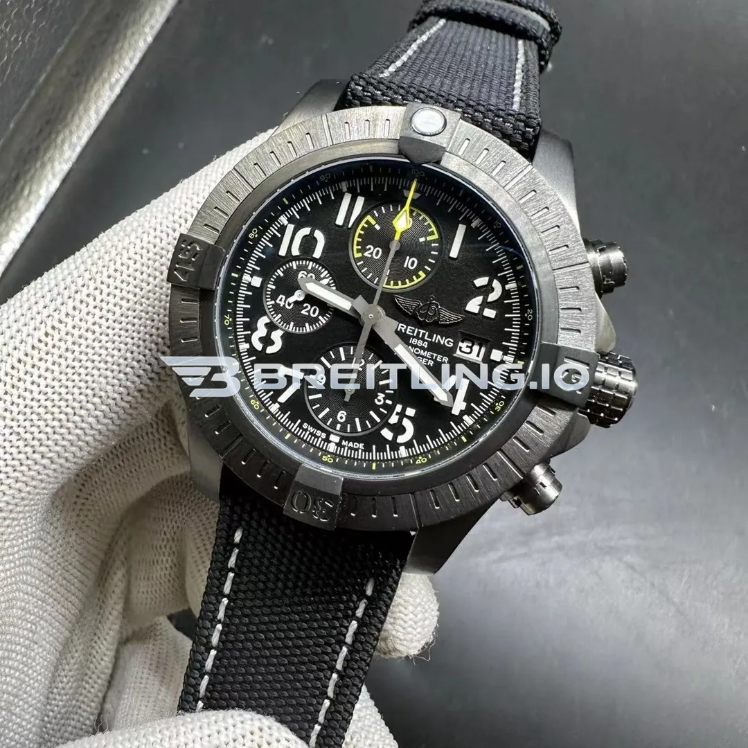 Breitling Avenger V13317101B1X1 45 Night Mission Black Dial DLC Titanium Case Black Canvas Strap Super Clone Side View 2