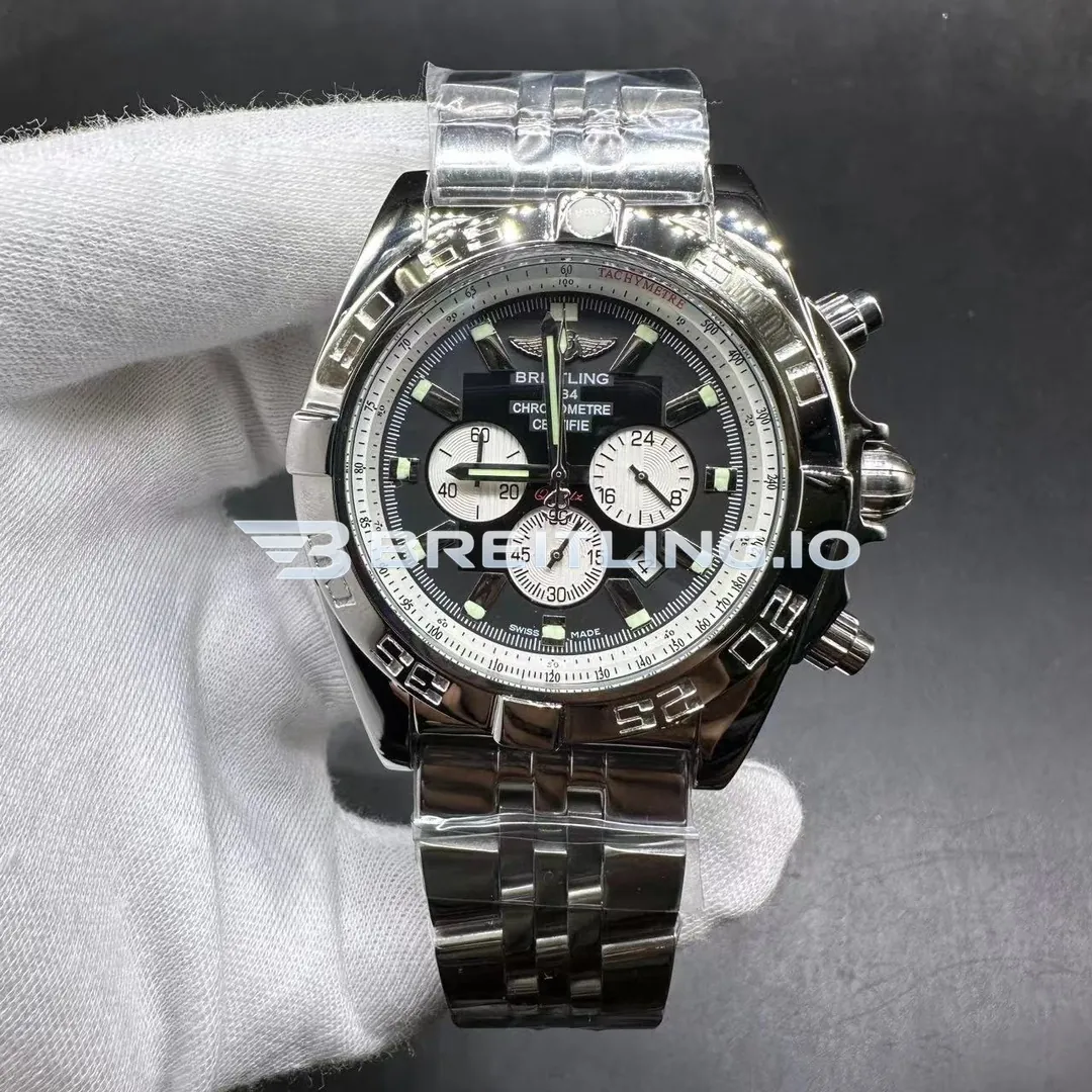 Breitling Chronomat AB011012B967 44mm Black Dial Polished Stainless Steel Bezel Steel Bracelet Chronograph Super Clone Front View
