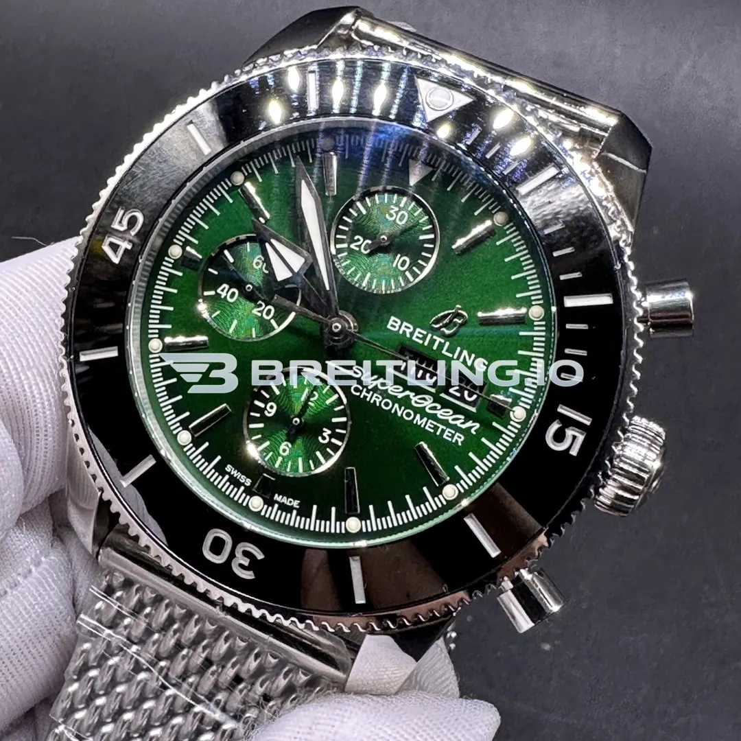 Breitling Superocean Heritage A13313121L1A1 44mm Green Dial Black Ceramic Bezel Stainless Steel Milanese Bracelet Super Clone Dial Detail 2