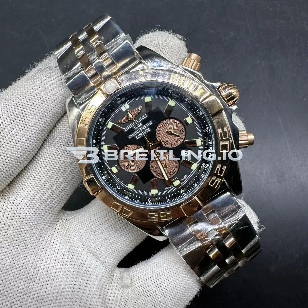 Breitling Chronomat CB0110121B1C1 44mm Black Dial 18K Rose Gold Bezel Two Tone Steel Bracelet Chronograph Super Clone Side View 1