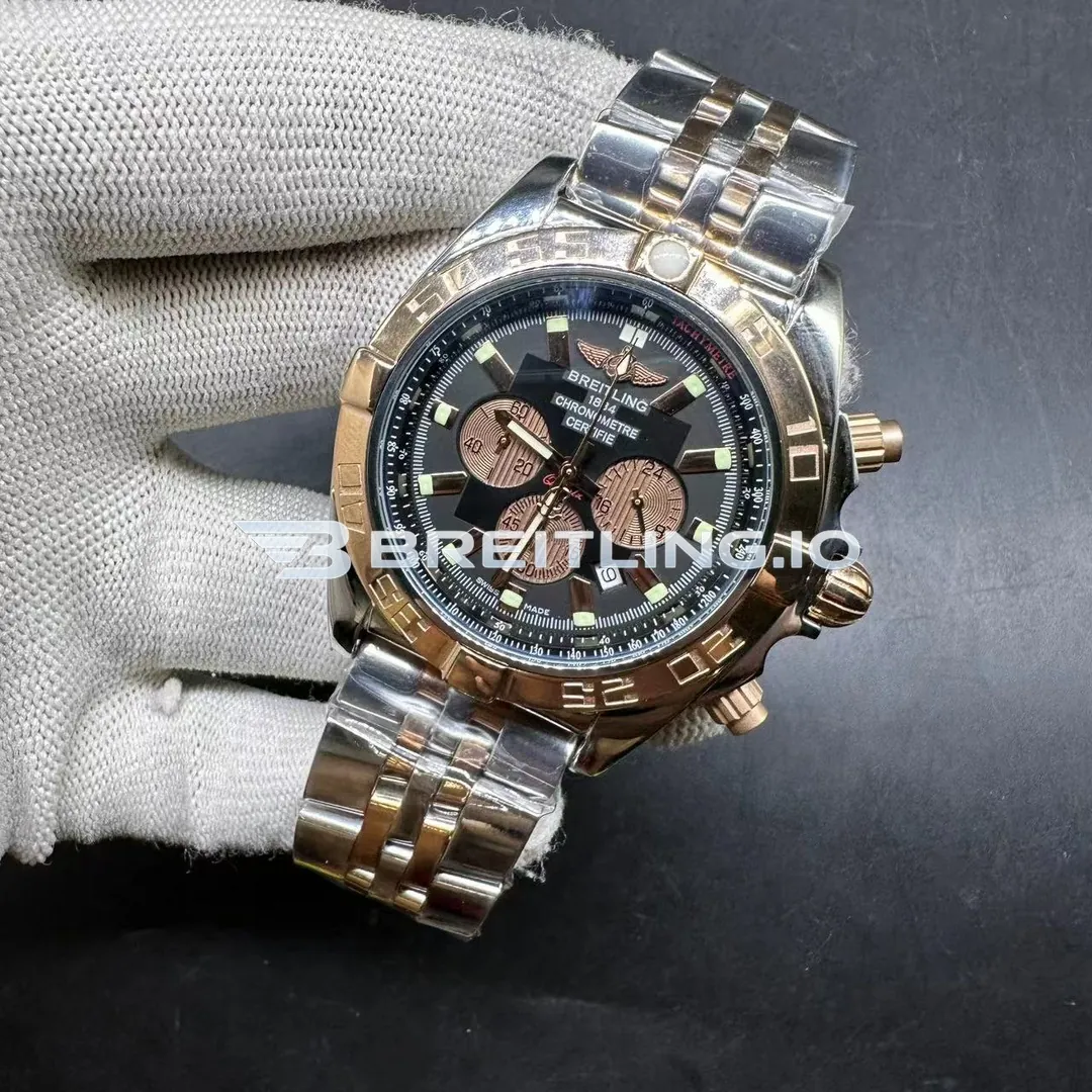 Breitling Chronomat CB0110121B1C1 44mm Black Dial 18K Rose Gold Bezel Two Tone Steel Bracelet Chronograph Super Clone Side View 2