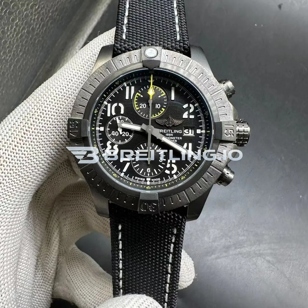 Breitling Avenger V13317101B1X1 45 Night Mission Black Dial DLC Titanium Case Black Canvas Strap Super Clone Front View