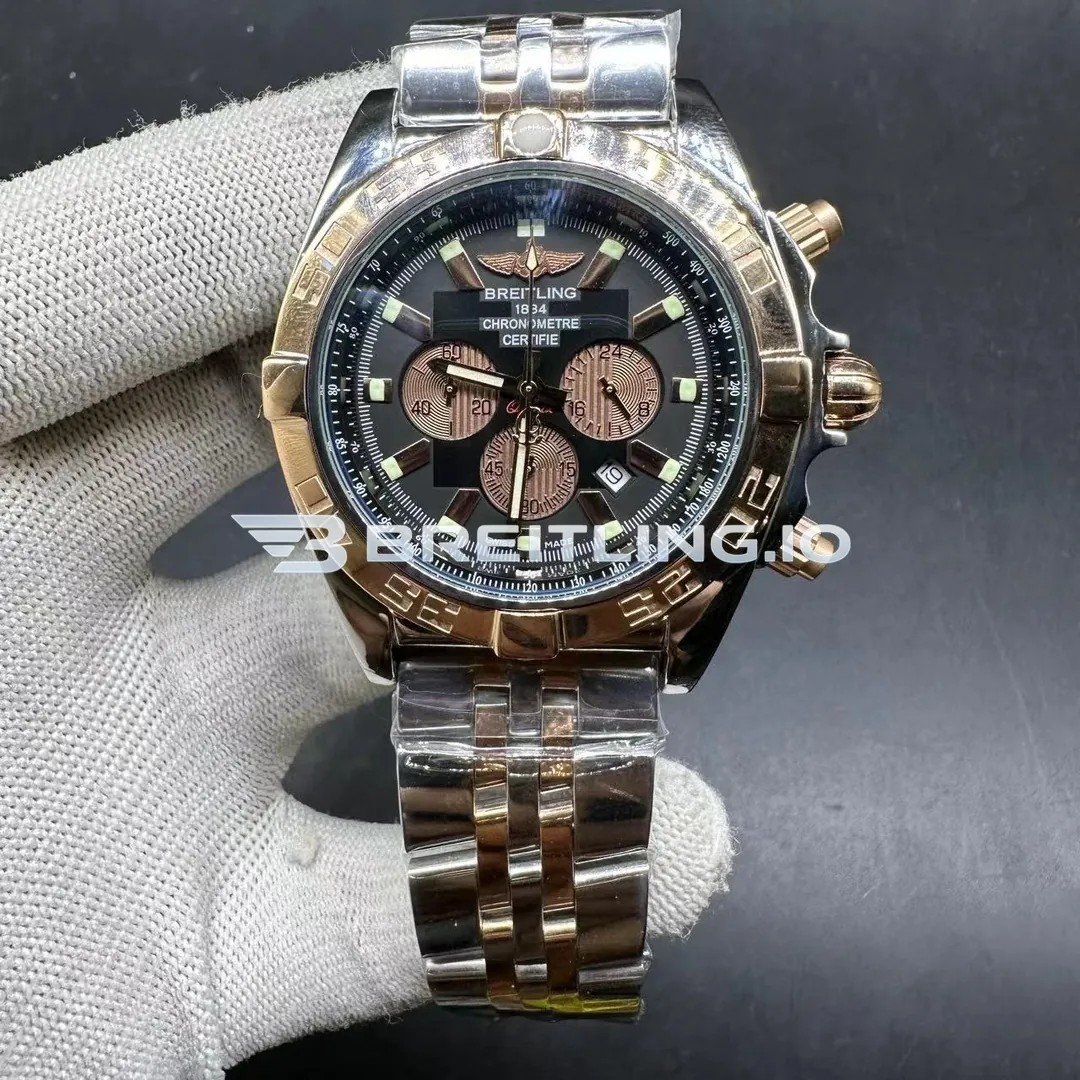 Breitling Chronomat CB0110121B1C1 44mm Black Dial 18K Rose Gold Bezel Two Tone Steel Bracelet Chronograph Super Clone Front View