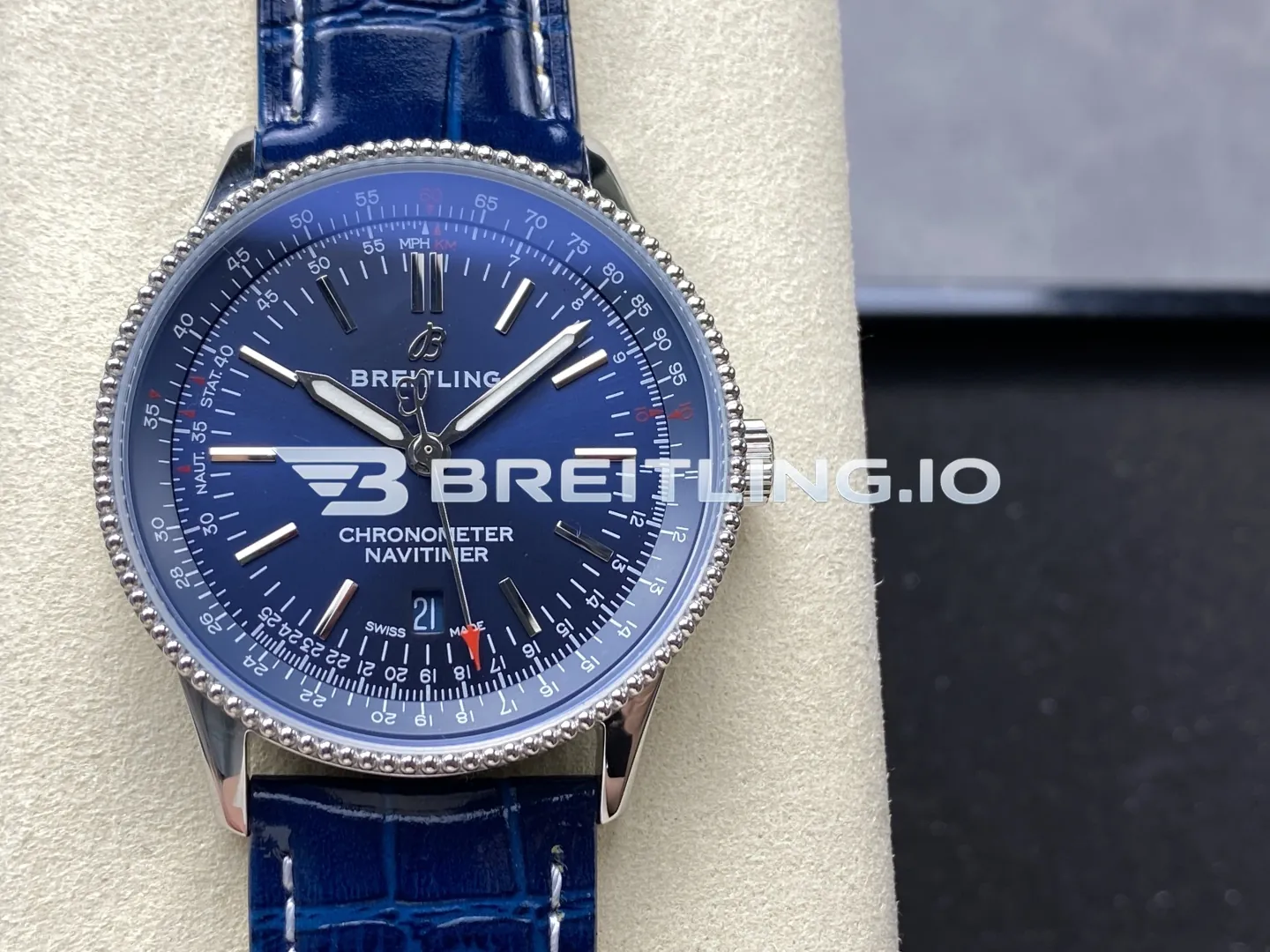 Breitling Navitimer A17326161C1P3 41mm Blue Dial Silver Beaded Bezel Stainless Steel Case Blue Leather Strap Super Clone Front View