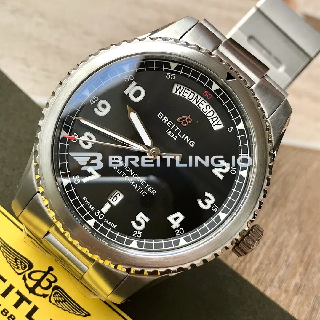 Breitling Navitimer A45330101B1A1 41mm Black Sunburst Dial Brushed Stainless Steel Case Day-Date Replica Side View 2