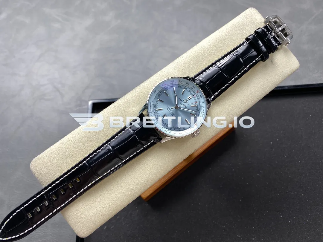 Breitling Navitimer A17329171C1P1 41mm Ice Blue Dial Polished Rotating Bezel Black Leather Strap Replica Side View