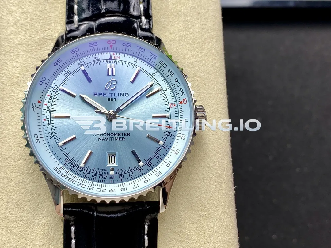 Breitling Navitimer A17329171C1P1 41mm Ice Blue Dial Polished Rotating Bezel Black Leather Strap Replica Front View