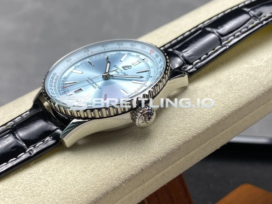 Breitling Navitimer A17329171C1P1 41mm Ice Blue Dial Polished Rotating Bezel Black Leather Strap Replica Right View