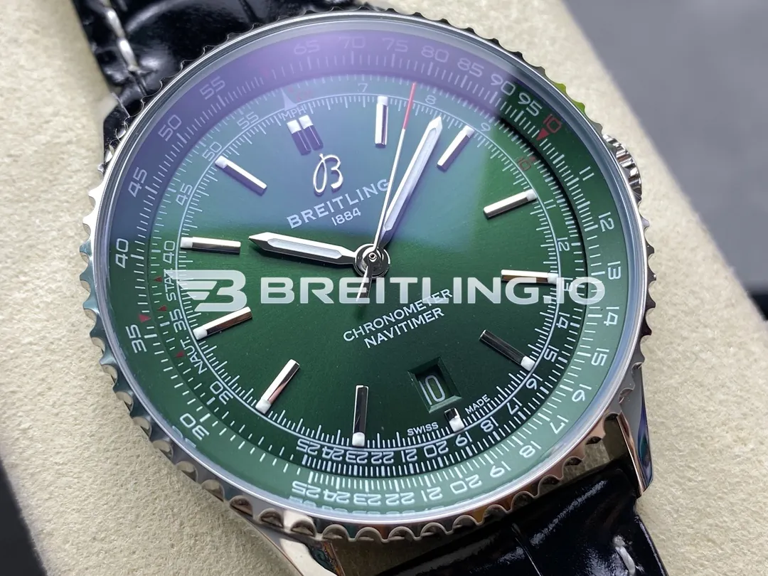 Breitling Navitimer A17329371L1P1 41mm Green Dial Polished Rotating Bezel Black Leather Strap Replica Dial Detail 1
