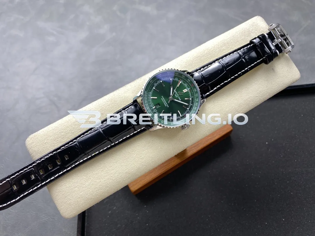 Breitling Navitimer A17329371L1P1 41mm Green Dial Polished Rotating Bezel Black Leather Strap Replica Side View
