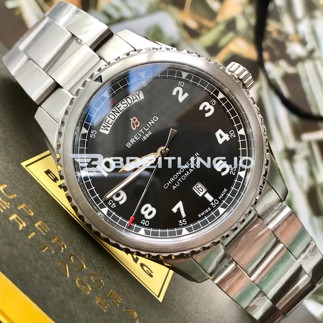 Breitling Navitimer A45330101B1A1 41mm Black Sunburst Dial Brushed Stainless Steel Case Day-Date Replica Side View 1