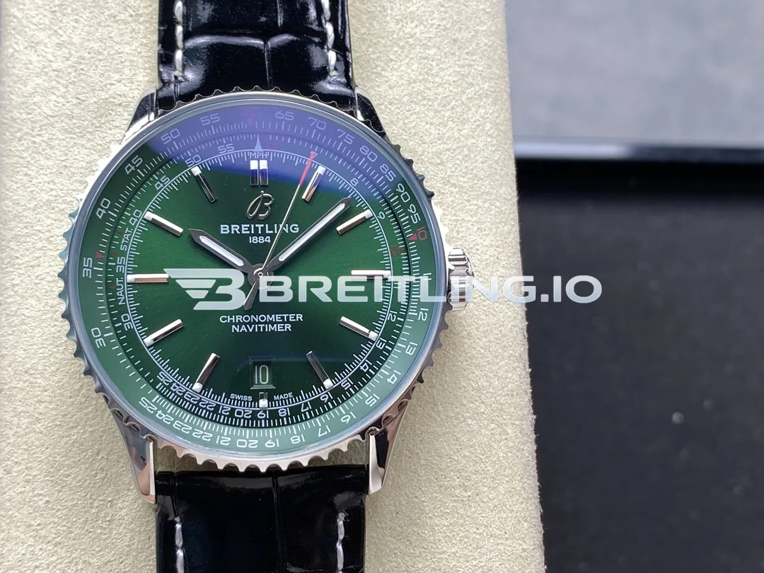 Breitling Navitimer A17329371L1P1 41mm Green Dial Polished Rotating Bezel Black Leather Strap Replica Front View