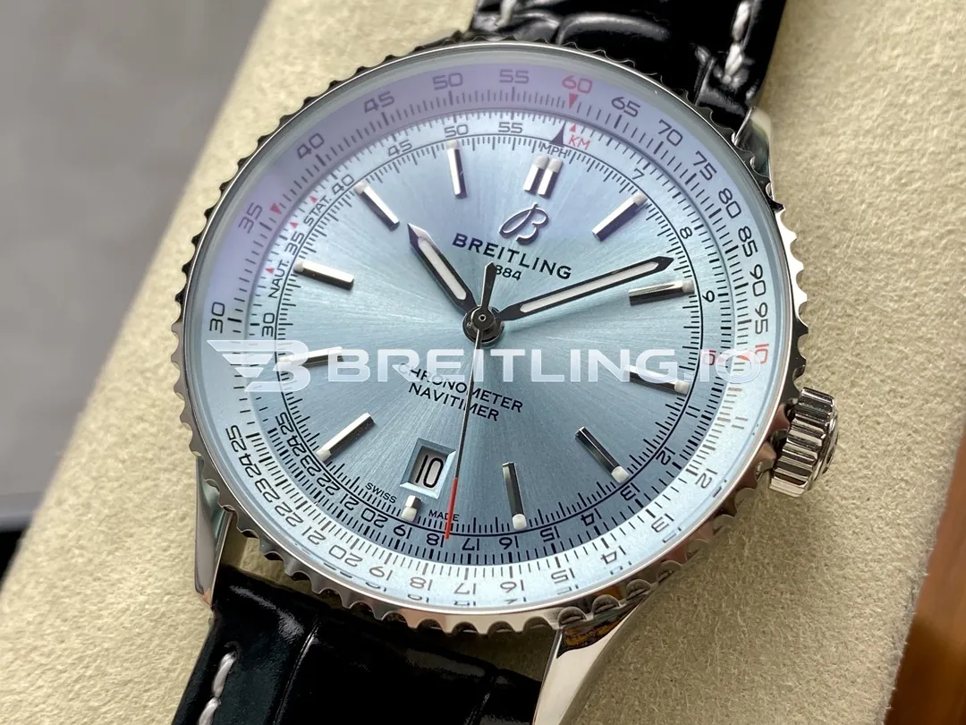 Breitling Navitimer A17329171C1P1 41mm Ice Blue Dial Polished Rotating Bezel Black Leather Strap Replica Dial Detail 2