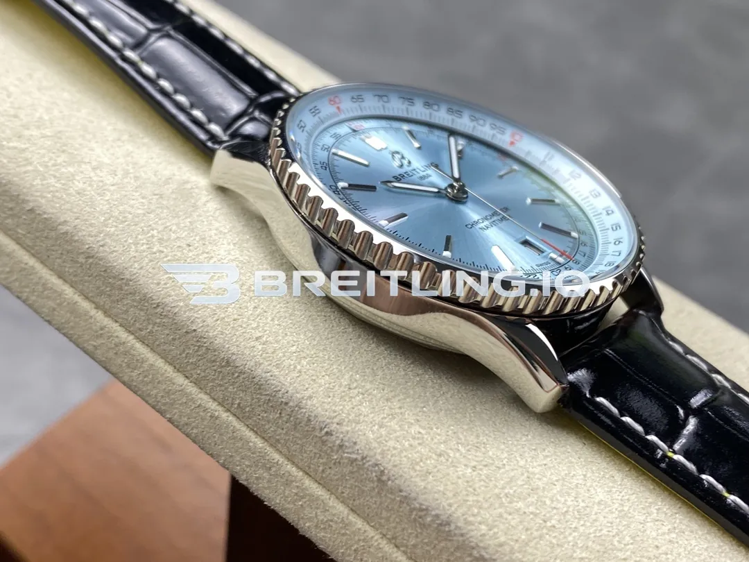 Breitling Navitimer A17329171C1P1 41mm Ice Blue Dial Polished Rotating Bezel Black Leather Strap Replica Left View