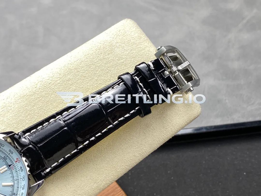 Breitling Navitimer A17329171C1P1 41mm Ice Blue Dial Polished Rotating Bezel Black Leather Strap Replica Strap And Clasp