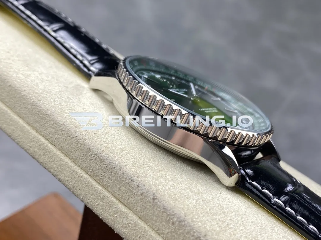 Breitling Navitimer A17329371L1P1 41mm Green Dial Polished Rotating Bezel Black Leather Strap Replica Left View