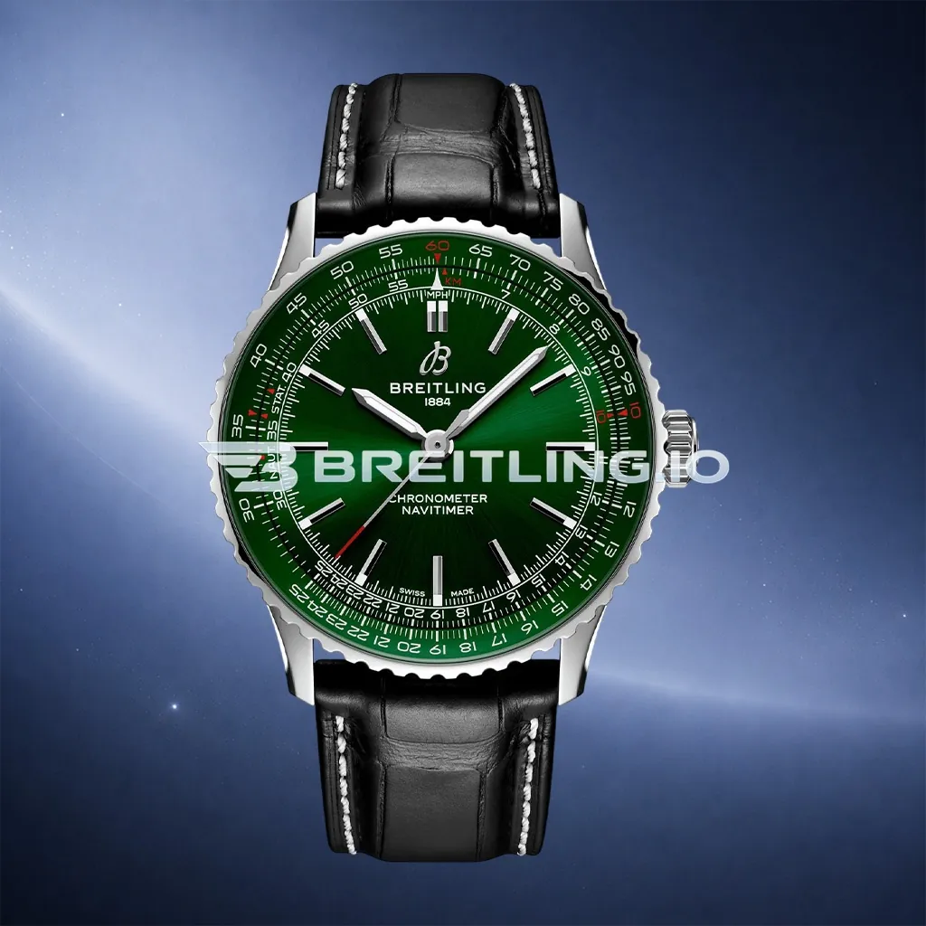 Breitling Navitimer A17329371L1P1 41mm Green Dial Polished Rotating Bezel Black Leather Strap Replica First Image