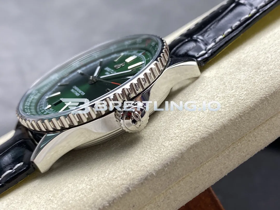 Breitling Navitimer A17329371L1P1 41mm Green Dial Polished Rotating Bezel Black Leather Strap Replica Right View