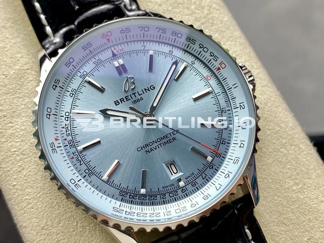 Breitling Navitimer A17329171C1P1 41mm Ice Blue Dial Polished Rotating Bezel Black Leather Strap Replica Dial Detail 1