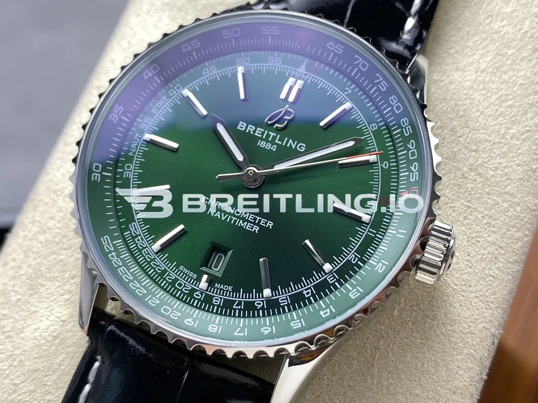 Breitling Navitimer A17329371L1P1 41mm Green Dial Polished Rotating Bezel Black Leather Strap Replica Dial Detail 2