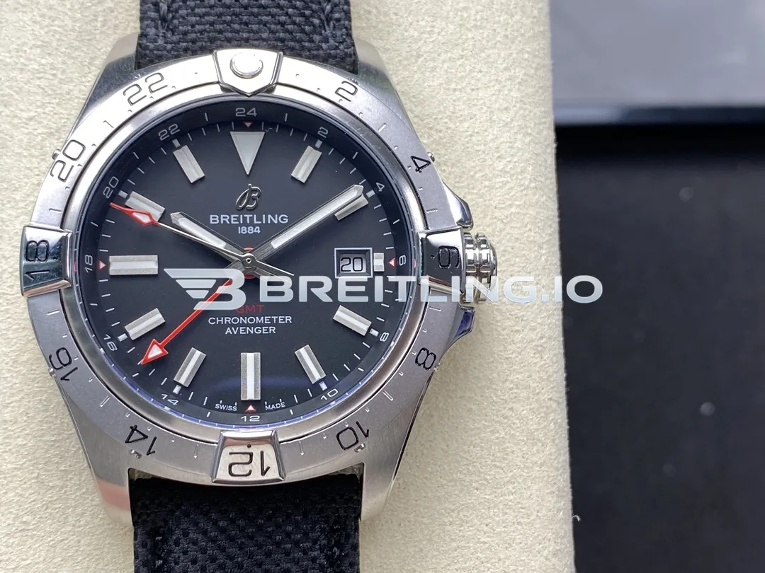 Breitling Avenger II GMT A32320101B1X1 44mm Black Dial Unidirectional Ratchet Bezel Black Fabric Strap Replica Front View